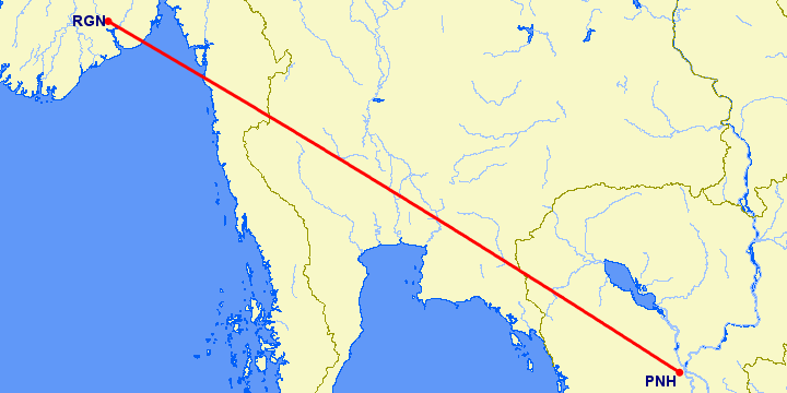 перелет Пномпен — Янгон на карте