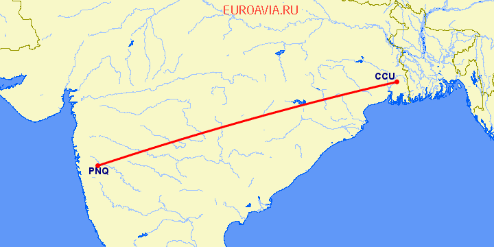 перелет Пуне — Kolkata на карте