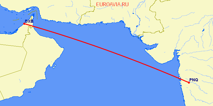перелет Пуне — Дубай на карте