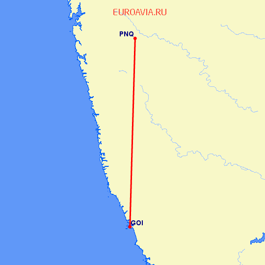 перелет Пуне — Гоа на карте