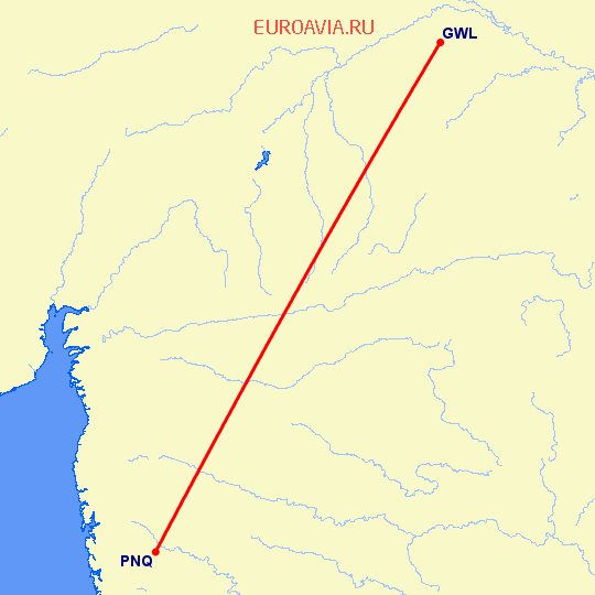 перелет Пуне — Гвалиор на карте