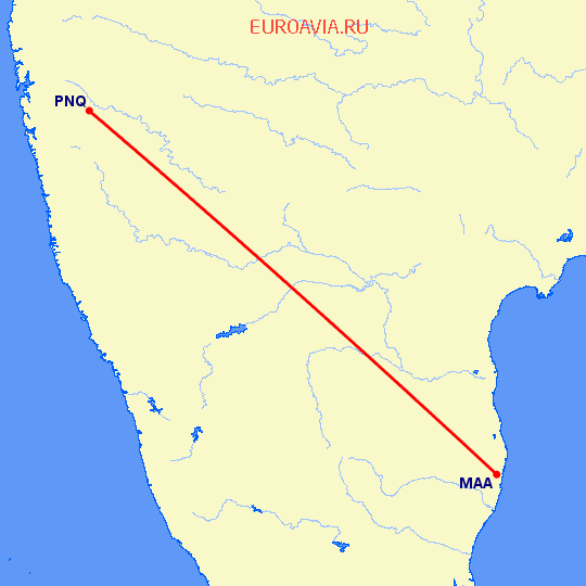перелет Пуне — Мадрас Ченнай на карте