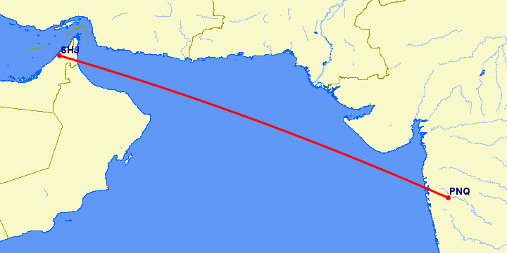 перелет Пуне — Шарджа на карте
