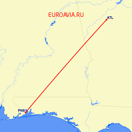 перелет Pensacola — Атланта на карте