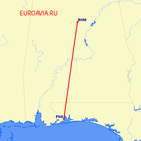 перелет Pensacola — Бирмингем на карте