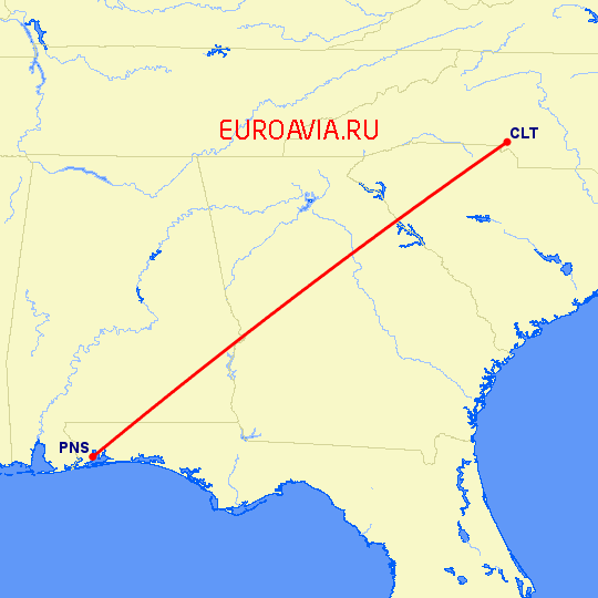 перелет Pensacola — Шарлотт на карте