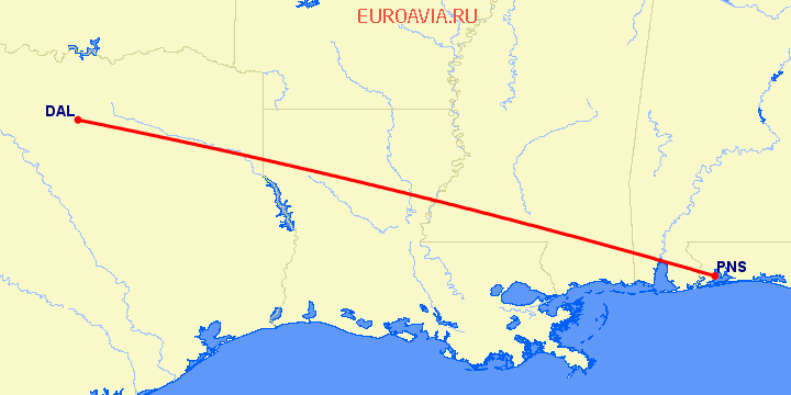 перелет Pensacola — Даллас на карте