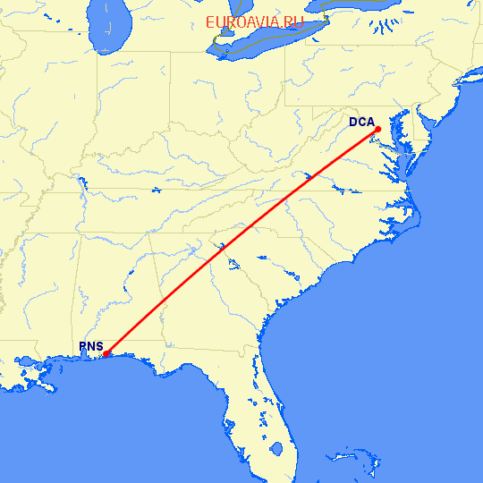 перелет Pensacola — Вашингтон на карте