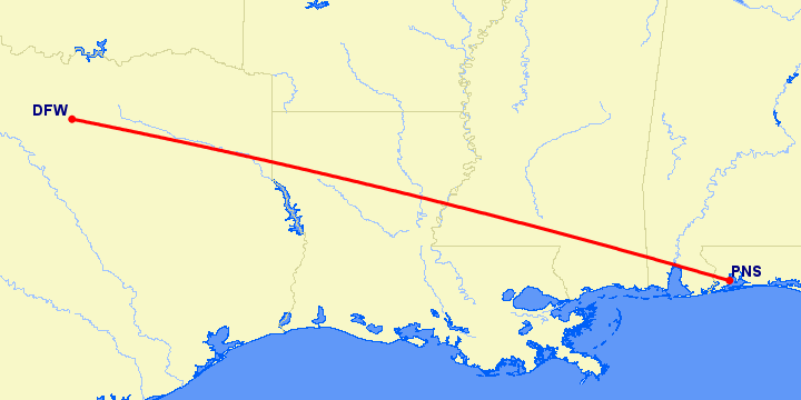 перелет Pensacola — Даллас на карте