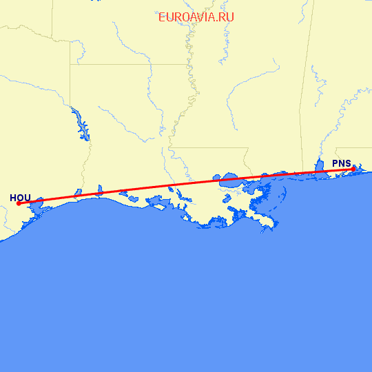 перелет Pensacola — Хьюстон на карте