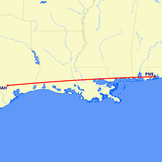 перелет Pensacola — Хьюстон на карте