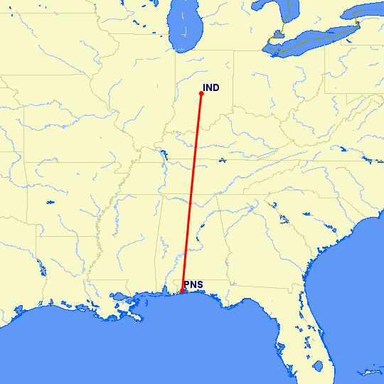 перелет Pensacola — Индианаполис на карте