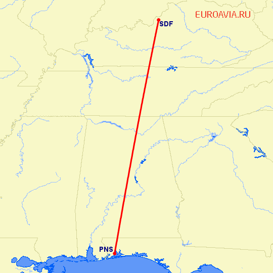 перелет Pensacola — Луисвилл на карте