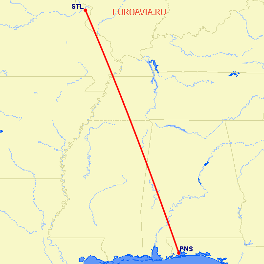 перелет Pensacola — Сент Луис на карте