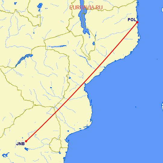 перелет Порто Амелия — Йоханнесбург на карте