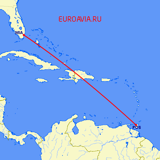 перелет Port Of Spain — Майами на карте