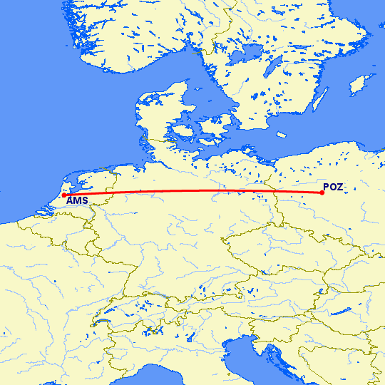 перелет Познань — Амстердам на карте