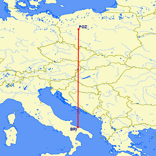 перелет Познань — Бари на карте