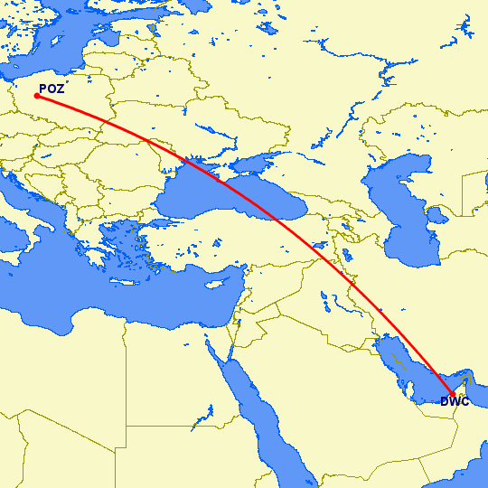 перелет Познань — Дубай на карте