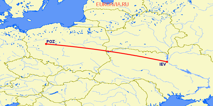 перелет Познань — Киев на карте