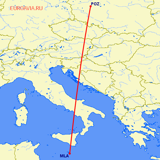 перелет Познань — Мальта на карте