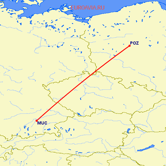 перелет Познань — Мюнхен на карте