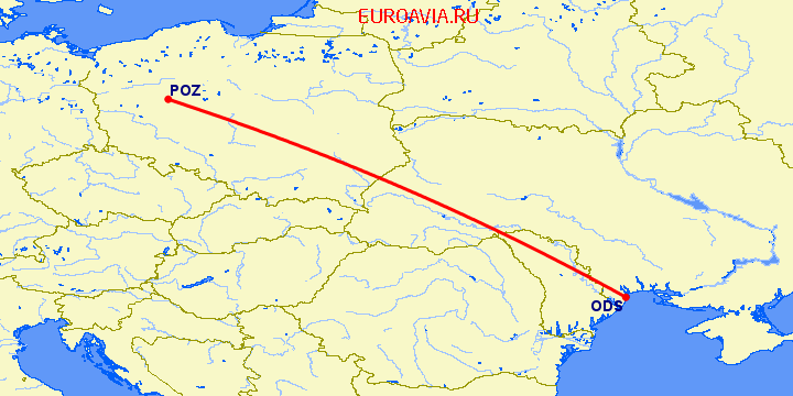 перелет Познань — Одесса на карте