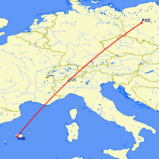 перелет Познань — Пальма де Майорка на карте