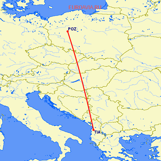 перелет Познань — Тирана на карте