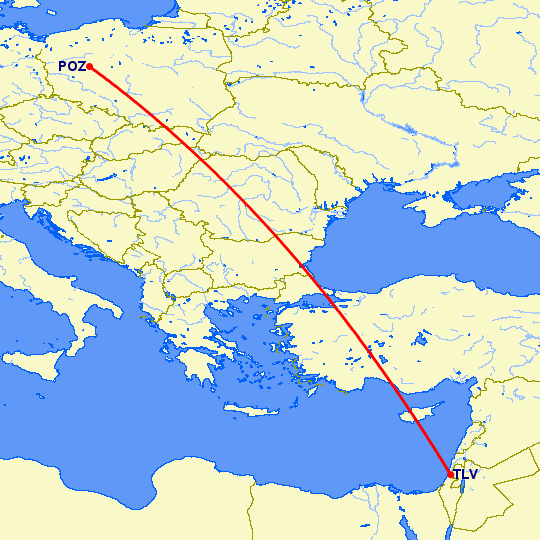 перелет Познань — Тель Авив на карте