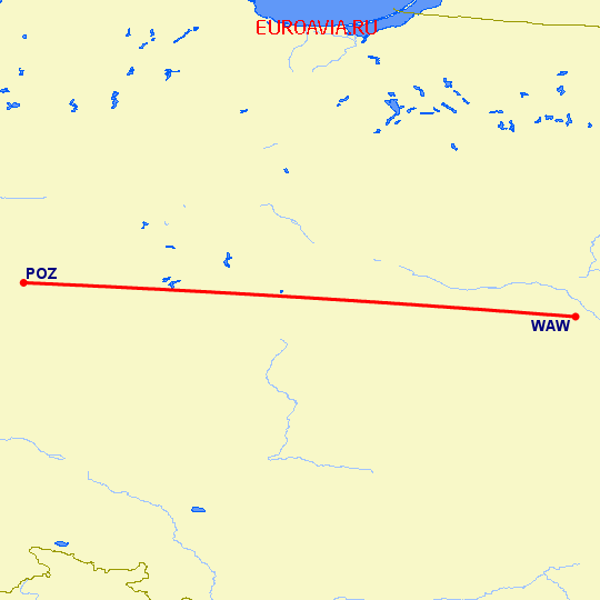 перелет Познань — Варшава на карте