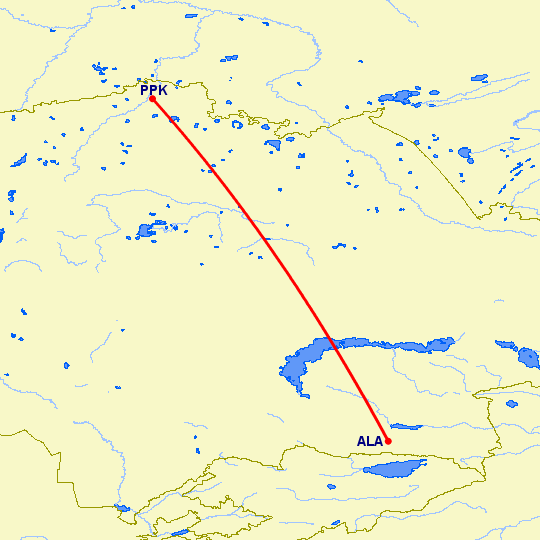 перелет Петропавловск — Алматы на карте