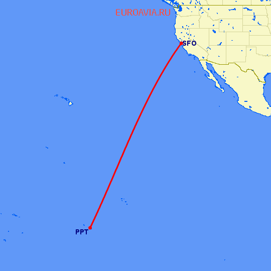 перелет Папеэте — Сан Франциско на карте