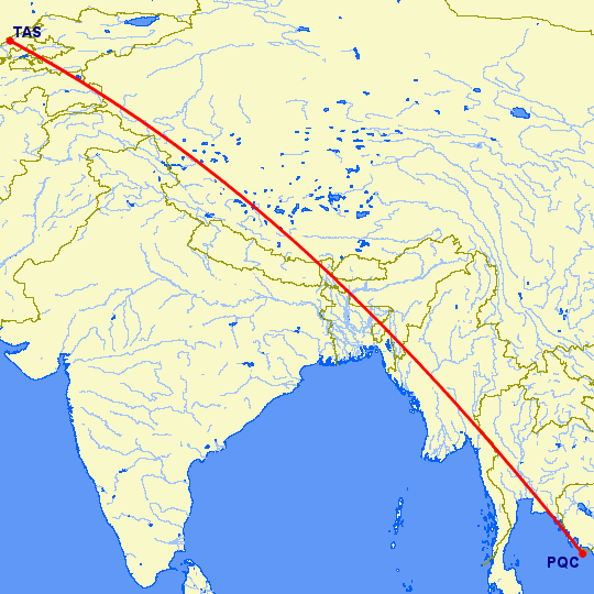 перелет Пху Квок — Ташкент на карте