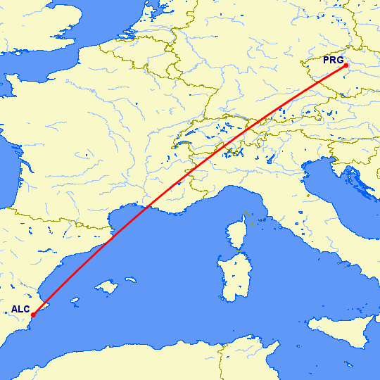 перелет Прага — Аликанте на карте