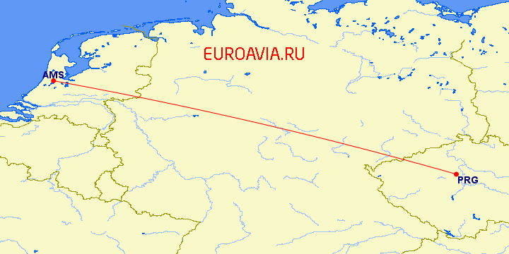 перелет Прага — Амстердам на карте