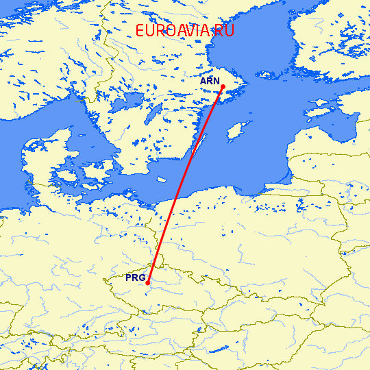 перелет Прага — Стокгольм на карте