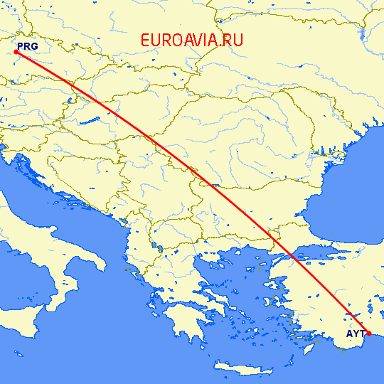 перелет Прага — Анталия на карте