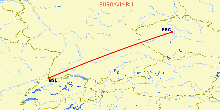 перелет Прага — Базель-Мюлуз на карте