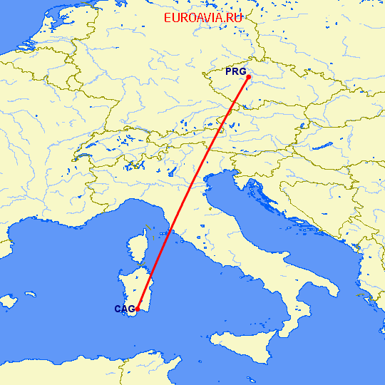 перелет Прага — Кальяри на карте