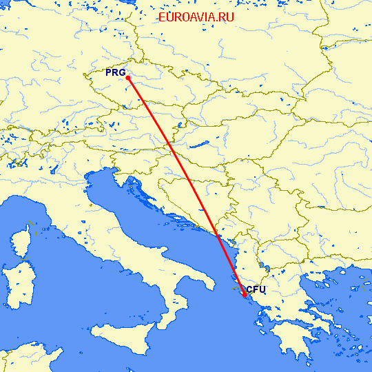 перелет Прага — Керкира на карте