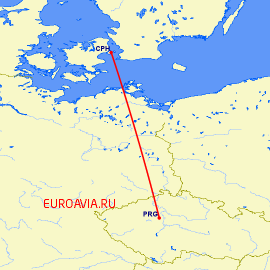 перелет Прага — Копенгаген на карте