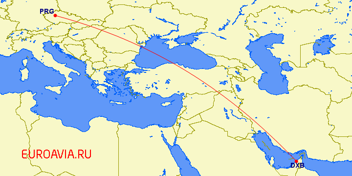 перелет Прага — Дубай на карте