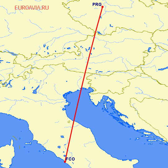 перелет Прага — Рим на карте