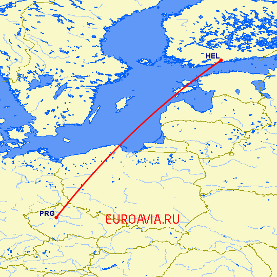 перелет Прага — Хельсинки на карте