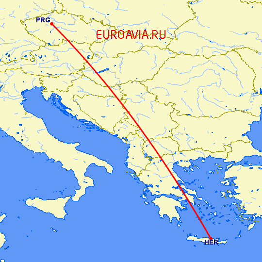 перелет Прага — Ираклион на карте