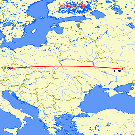 перелет Прага — Харьков на карте