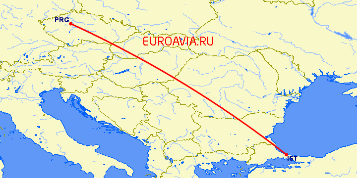 перелет Прага — Стамбул на карте