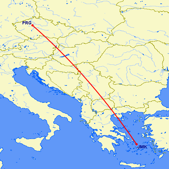 перелет Прага — Миконос на карте