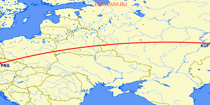 перелет Прага — Самара на карте